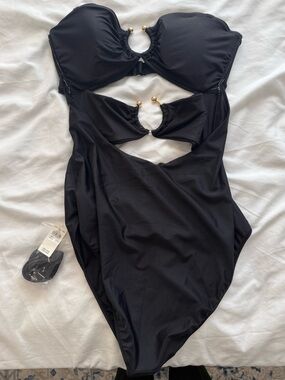 aerie Black Cutout One-Piece Swimsuit with Gold Ring Accents